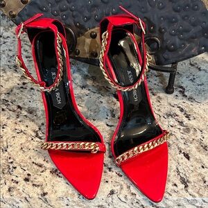 Jessica Vibrant Red Heels with Gold Chain Accent
